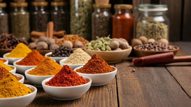 Assortment of Spices and Herbs on Wooden Table