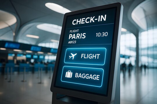 Airport self service check in monitor showing flight status and baggage option

