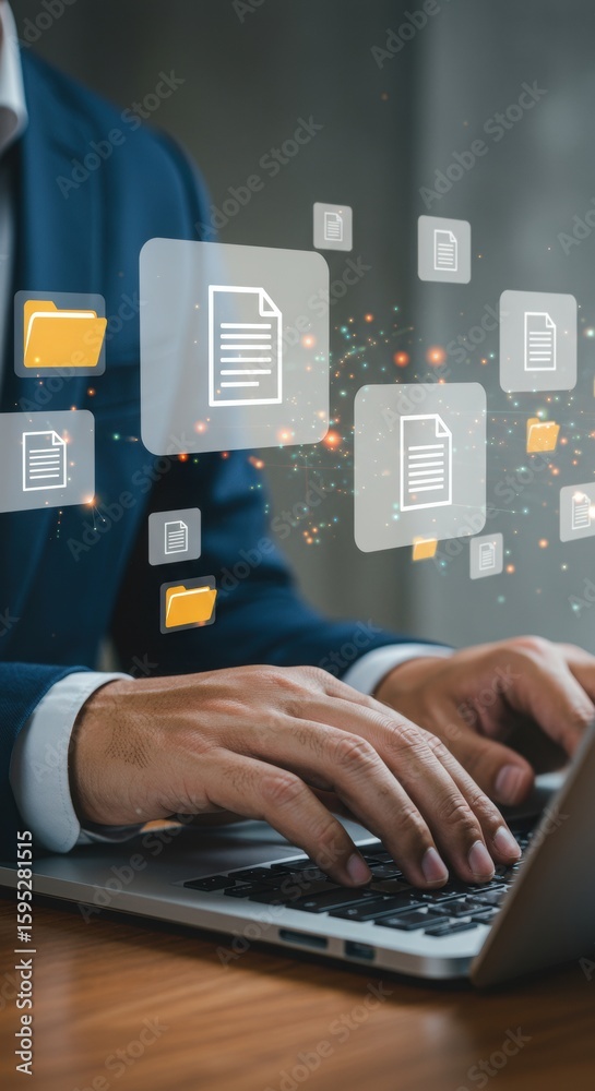 Poster Person typing on laptop with floating file management icons. Digital workspace with cloud computing theme. Modern UI design with folders and documents.