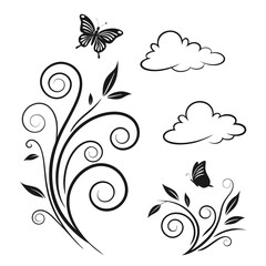 Fototapeta premium Black butterfly and floral swirls with clouds leaves