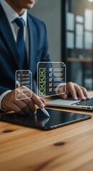 Hands using stylus and tablet in modern office. Digital workflow with checklist graphics. Professional task completion on electronic devices.