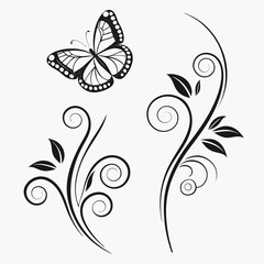 Black butterfly and floral swirls with delicate brush strokes decorative