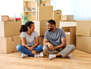 Portrait of a young couple unpacking, moving in and relocation to a new apartment, happy young...