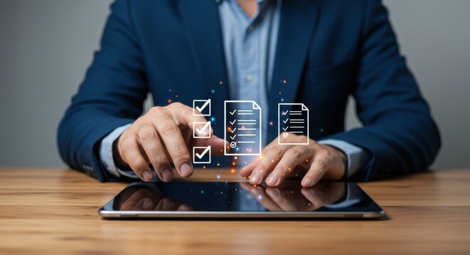 Business professional organizing tasks with digital icons. Tablet and office workflow composite. Modern corporate efficiency with checkmarks.