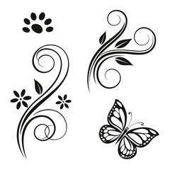 Black floral swirls butterfly and paw prints white