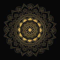 Intricate golden mandala design with radial symmetry on black background