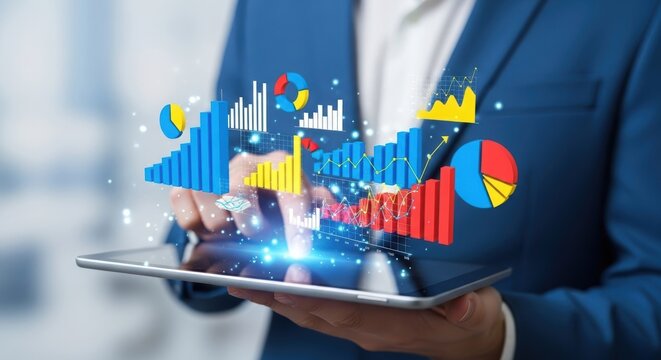 Professional analyzing data with interactive 3D holographic charts. Futuristic business intelligence dashboard on tablet. Modern tech for corporate data visualization.