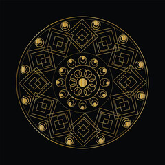 Intricate golden mandala with geometric patterns on black background