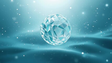 Ethereal turquoise and silver geometric sphere slowly rotates and floats serenely in an endless ice-blue void, shimmering light lines ripple across its crystalline surface - Powered by Adobe