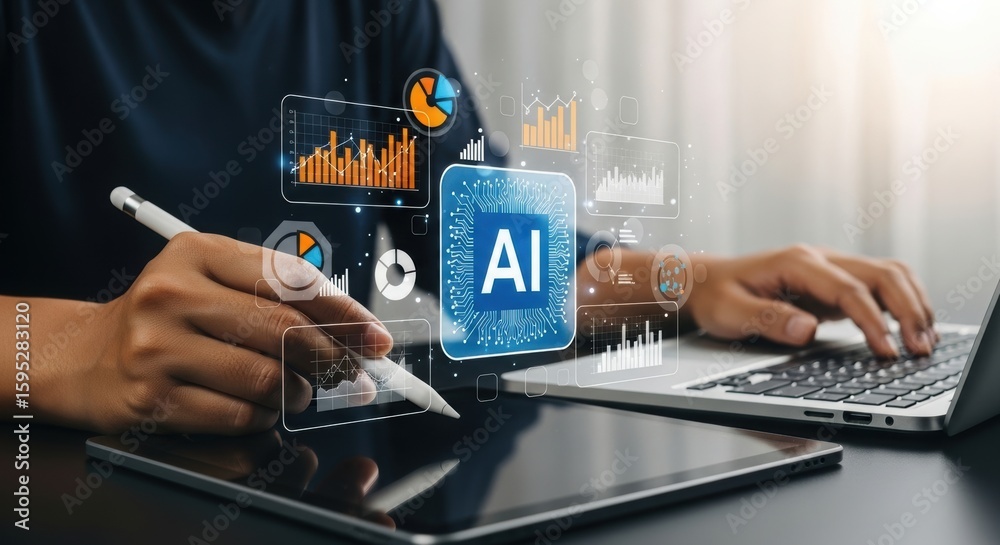 Poster digital illustration of ai analytics on tablet. tech professional interacting with data visualizatio