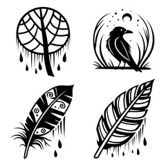 Obraz premium Black raven moon grass dreamcatcher feather icons crescent stars
