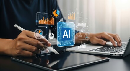 Digital illustration of AI analytics on tablet. Tech professional interacting with data visualization. Modern workspace with AI-powered graphs and charts.