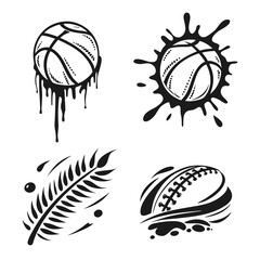 Black sports balls with dripping and splashing effects basketball rugby ball