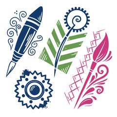 Blue green pink artistic brushes and decorative elements vector