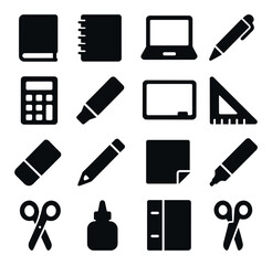 Educational tools icon collection. school supplies simple icons. book, notebook, pen, laptop, calculator, ruler, glue silhouette vector icons.
