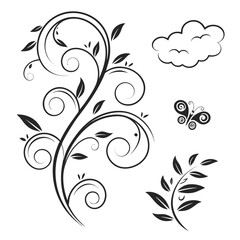 Black floral vine butterfly and cloud design white