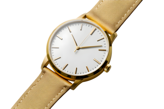 realistic gold watch mockup, angled view with a strap, isolated on transparent background