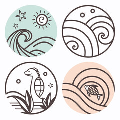 Collection of stylized circular icons featuring nature elements waves