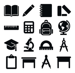 Educational icon collection: simple silhouette school tools. book, pencil, backpack, globe, calculator, protractor, desk, vector icons.