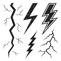 Black lightning bolt and crack icons thunder electricity