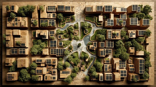 Wooden city layout on solar blueprint shows green-certified zones, evoking eco-conscious urban planning.