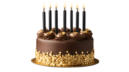 Luxurious Chocolate Birthday Cake With Black Candles And Golden Decorations