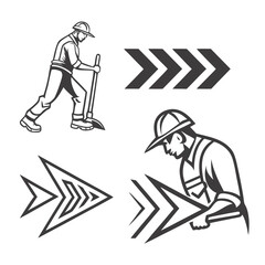 Obraz premium Construction worker digging with shovel and directional arrows pickaxe