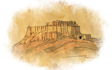 Mehrangarh fort, Rajasthan, India. Artistic sketch. Fort postcard, poster, book illustration