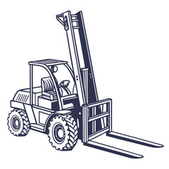Dark blue forklift with raised forks and large wheels construction industrial