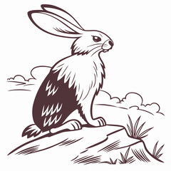 Brown rabbit sitting on a rock with grass and clouds