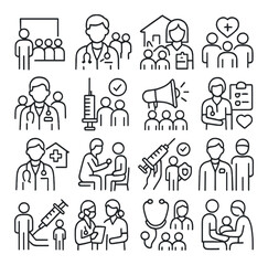 Community wellness icon collection: healthcare, medical, support linear symbols, doctor, vaccine, stethoscope vector icons