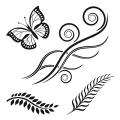 Butterfly and floral flourishes black art swirl leaf