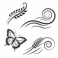 Butterfly and wheat flourishes black white