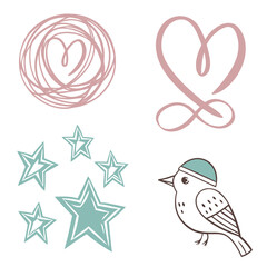 Delicate heart and bird illustrations with stars love infinity