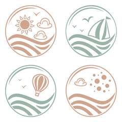 Circular icons with sun sailboat hot air balloon and bubbles