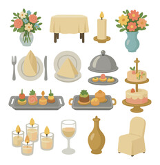 Catering icon collection. elegant linear catering symbols. table, cake, wine, candle, tray vector icons.