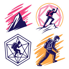 Climbing mountain adventure icons hiker backpack