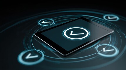 A futuristic digital smartphone display shows clock icons surrounded by holographic circular data interfaces on a dark blue background, laptop with AI checklist