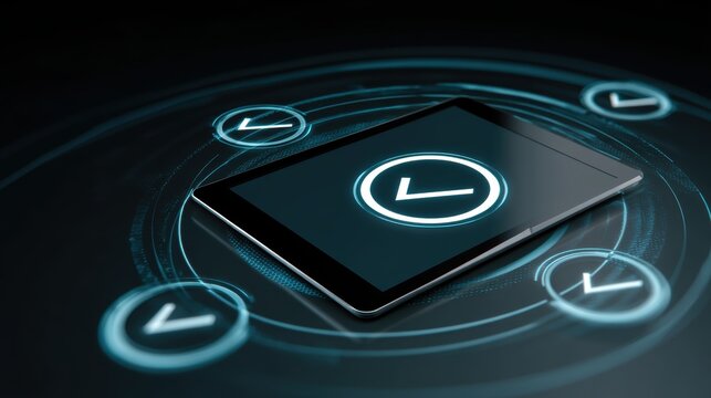 A futuristic digital smartphone display shows clock icons surrounded by holographic circular data interfaces on a dark blue background, laptop with AI checklist - Powered by Adobe