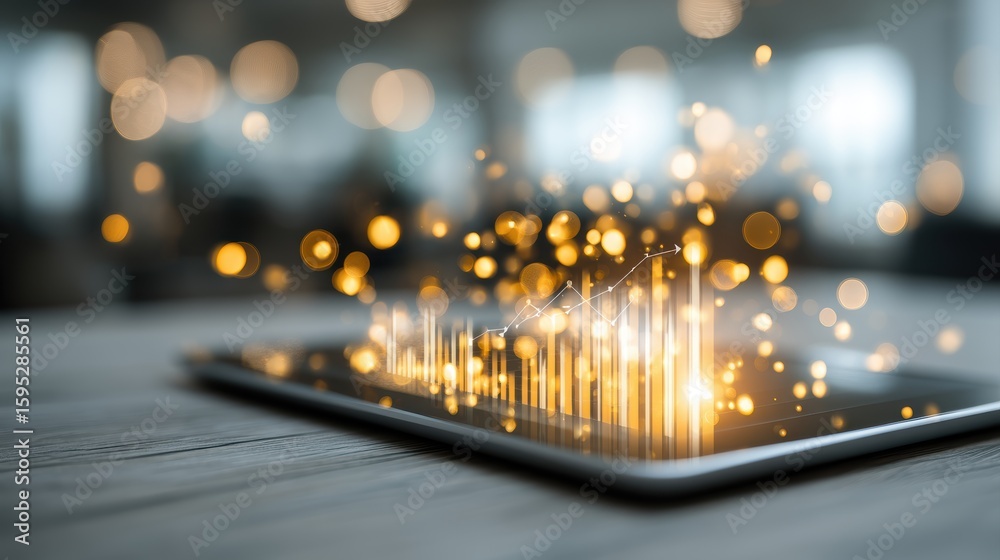Poster digital tablet displaying glowing financial graphs and charts with a blurred background and bokeh li