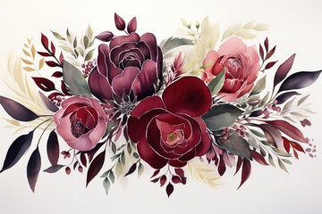 Experience the timeless beauty of lush burgundy florals paired with dark foliage in a classic watercolor painting.