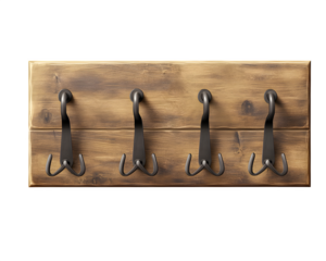 realistic wooden coat rack mockup, top view with hooks, isolated on transparent background