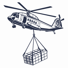Dark blue cargo helicopter lifting boxes transport