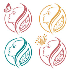 Fototapeta premium Elegant female profiles with floral elements and butterflies woman face