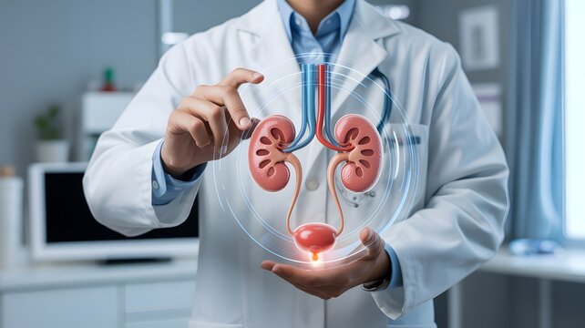 Doctor displays a 3d model of human kidneys and bladder