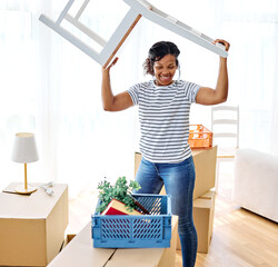 Young black couple moving into a new modern house, carrying boxes, plant and chair and arriving...
