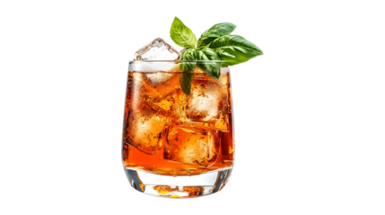 Refreshing Alcoholic Beverage Served With Ice Cubes And Fresh Basil Leaves