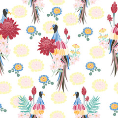 seamless colorful bird and flowers pattern. Delicate petals and vibrant blossoms create an artistic and vintage botanical illustration. 