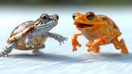 Naklejka premium Adorable Turtle and Frog Race A Whimsical 3D Render