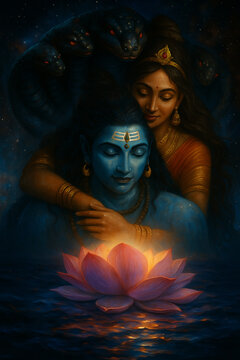 Shiva and Parvati &ndash; Eternal Bond with Glowing Lotus